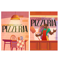 Pizzeria Posters With Cozy Cafe Interior And Chef