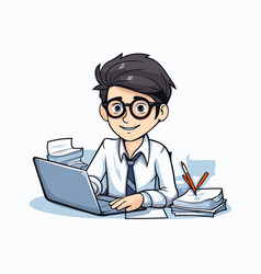 Cartoon Man Sitting At The Desk With Laptop