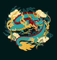 Traditional Blue And Red Asian Dragon Hand Drawn