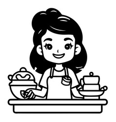 Cute Girl Cooking In Kitchen Cartoon Style