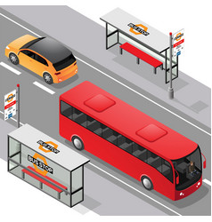 Isometric Bus Stops With A Car And A Bus