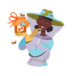 Smiling Woman Beekeeper Or Apiarist Holding Jar