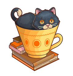 Cartoon Cat Sitting In The Big Cup Near Books