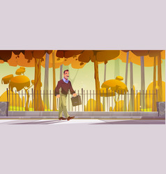 Man With Briefcase Walk In Autumn Park