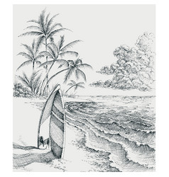 Surfboard On The Beach Sea And Palm Trees