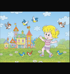 Little Girl Playing With Merry Birds