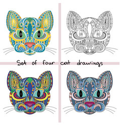 Set Of Four Cat Face Doodle Color Stylized Cat