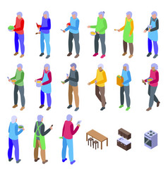 Older People Cooking Icons Set Isometric