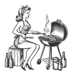 Woman Grilling Sausages Outdoors Sketch