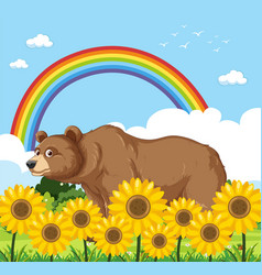 Bear In Nature Scene With Sunflower And Rainbow