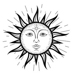 Sun Face Symbol With Wavy Rays Vintage Style