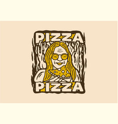 Vintage Drawing Of Woman Eating Pizza