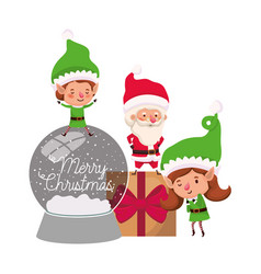 Couple Elves And Santa Claus With Gifts Boxs