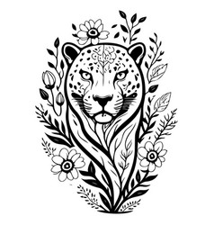 Animal Jaguar Brave With Floral Sketch Hand Draw