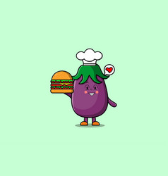 Cute Cartoon Eggplant Chef Character Hold Burger