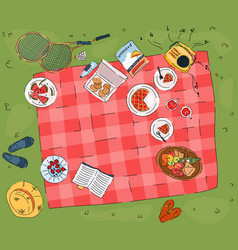 Summer Picnic On Green Grass Top View Cartoon