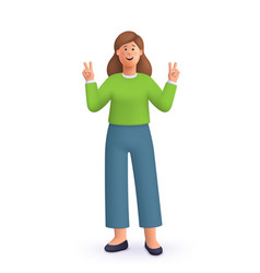 Young Smiling Woman Showing Peace Victory Sign 3d