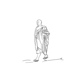 Sketch Of Walking Buddhist Monk With Smart Phone