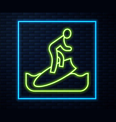 Glowing Neon Line Surfboard Icon Isolated On Brick