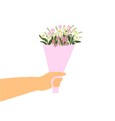 Hand With Flowers Bouqet In Drawn Flat Style