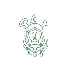 Long Hair Women Face With Horned Skull Bones Line