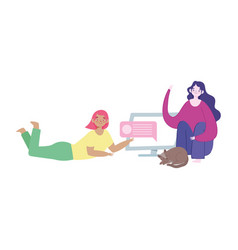 Working Remotely Women Cartoon On Floor