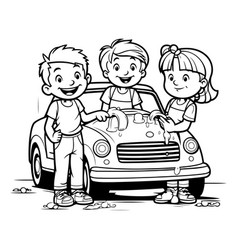 Children And Car Black White For Coloring Book