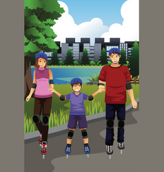 Family Rollerblading In A Park