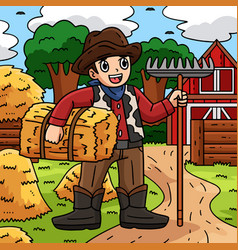 Cowboy With Rake And Hay Colored Cartoon