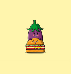 Cute Eggplant Cartoon Character Hiding In Burger