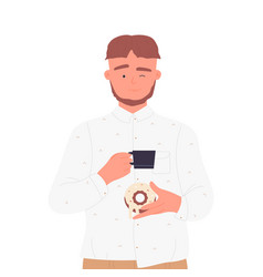 Man With Cup Of Coffee And Donut