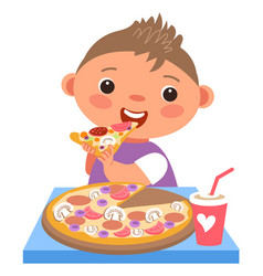 Boy Bite Pizza Slice Kid Eating At Table