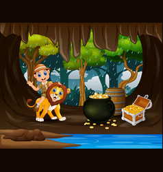 Happy Zookeeper And Lion In Treasure Cave