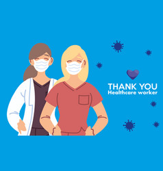 Women Doctors With Masks And Thank You Healthcare