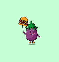 Cute Cartoon Eggplant Floating With Burger Balloon