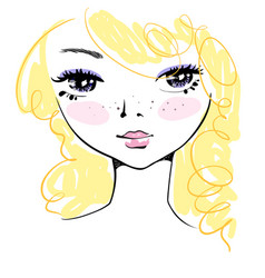 Hand-drawn Cute Girl Face With Messy Blond Hair