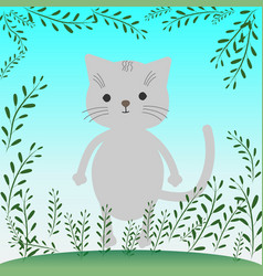 Cartoon Gray Kitten On A Hillock With Plants