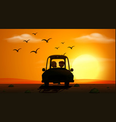 Silhouette Scene With People Driving At Sunset