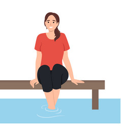 Happy Woman Sitting On Pier Near Water Enjoy