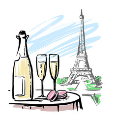 Champagne Two Glass Eiffel Tower France Drawing