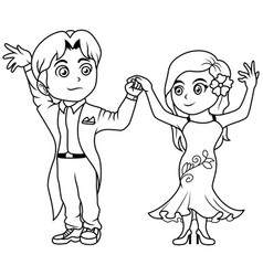 Cartoon Little Boy And Girl Dancing Line Art