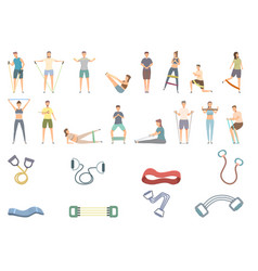 Resistance Bands Icons Set Cartoon People