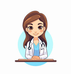 Cartoon Female Doctor Sitting At Desk In Flat