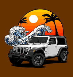 White Car Suv With Waves And Beach