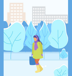 Woman Walking In Park Winter Urban Landscape