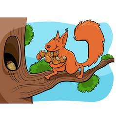 Cartoon Squirrel Carrying Acotns To The Hollow