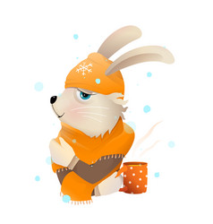 Rabbit Or Bunny Wearing Hat And Scarf Drinking Tea