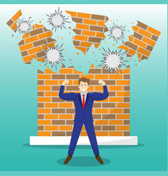 Strong Businessman In Front Of Breaking Brick Wall