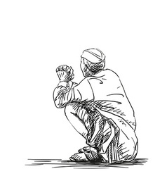 Sketch Old Man Squatting Hand Drawn