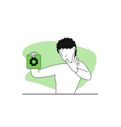 Man Holding A Settings Button In His Hand Concept